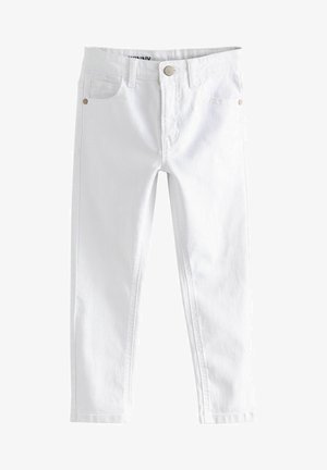 Jean blanc droit avec poches avant, passants de ceinture et fermeture par bouton métallique à la taille.
