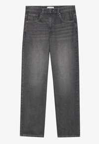 Dark gray denim jeans with a straight cut, featuring five pockets, a front button closure, and subtle fading across the fabric.