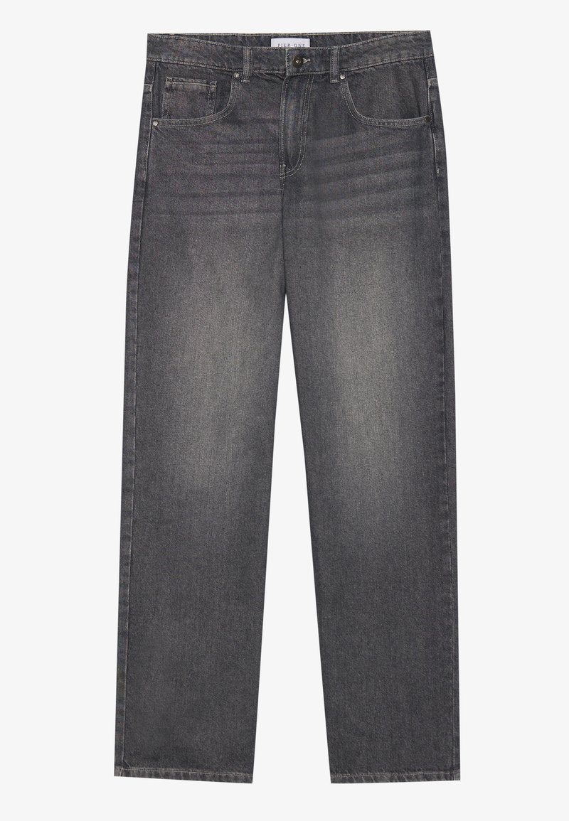 Ciemnoszare dżinsy o prostym kroju, z pięcioma kieszeniami, z przodem na guziki oraz delikatnym przecieranym wykończeniem.