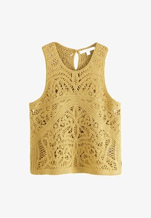 Häkeltop in leuchtendem Gelb, mit komplexen Mustern, offener Webstruktur, breiten Trägern und einem Schlüsselrücken-Design.