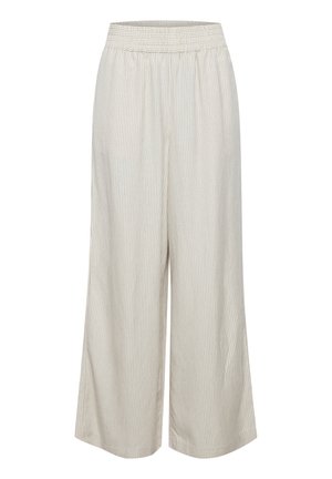 Lichtgekleurde wijde broek met een gestructureerd, gestreept patroon en een elastische tailleband, gemaakt van een zachte, lichte stof.