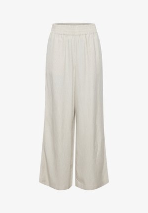 Lichtgekleurde wijde broek met een gestructureerd, gestreept patroon en een elastische tailleband, gemaakt van een zachte, lichte stof.