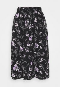 Musta hame, jossa on violetti ja valkoinen kukkakuosi. Vetoketjullinen vyötärö, laskostettu malli, kevyttä kangasta, jossa on sileä rakenne.