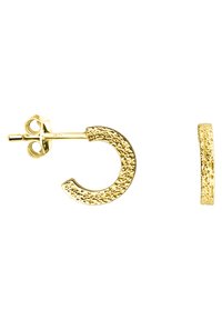Guldörhängen i form av ringar med strukturerad yta, cirkulär form och ovandel med stift. Har en tredimensionell design.