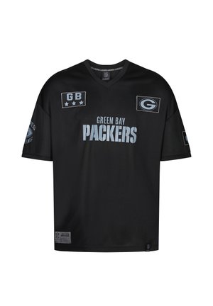 Black football jersey with short sleeves, V-neck design. Front features "GREEN BAY PACKERS" in grey text, logos on sleeves and back tag.