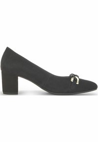Escarpin en daim noir à talon moyen, bout pointu et boucle dorée décorative sur la bride avant.