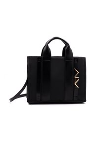 Mustaka faux nahkainen kassi, jossa on kaksinkertaiset yläkahvat, olkahihna, kiiltävät sivuakkentit ja kultainen logotunnus edessä.