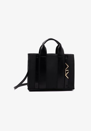 Mustaka faux nahkainen kassi, jossa on kaksinkertaiset yläkahvat, olkahihna, kiiltävät sivuakkentit ja kultainen logotunnus edessä.