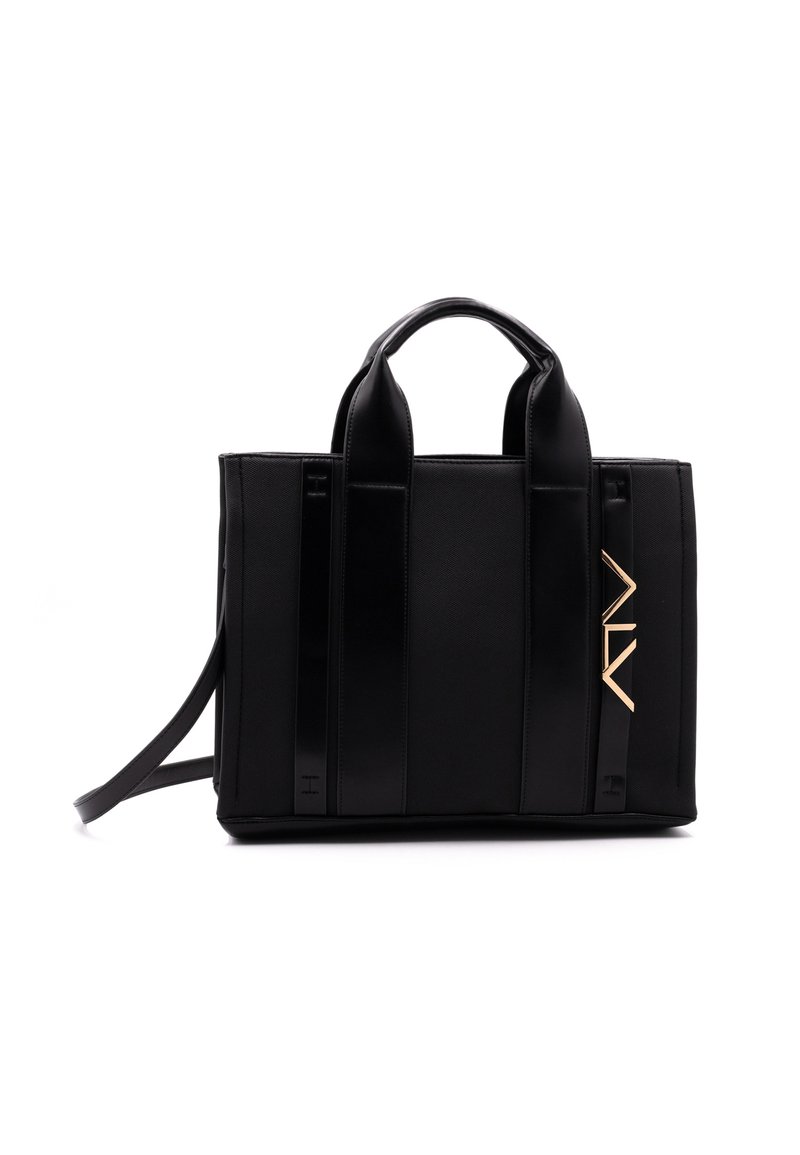 Mustaka faux nahkainen kassi, jossa on kaksinkertaiset yläkahvat, olkahihna, kiiltävät sivuakkentit ja kultainen logotunnus edessä.