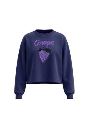 Marineblå sweatshirt med ribbet manchetter og kant, med en glitrende lilla drueklase grafik og ordet "Grape" over den.