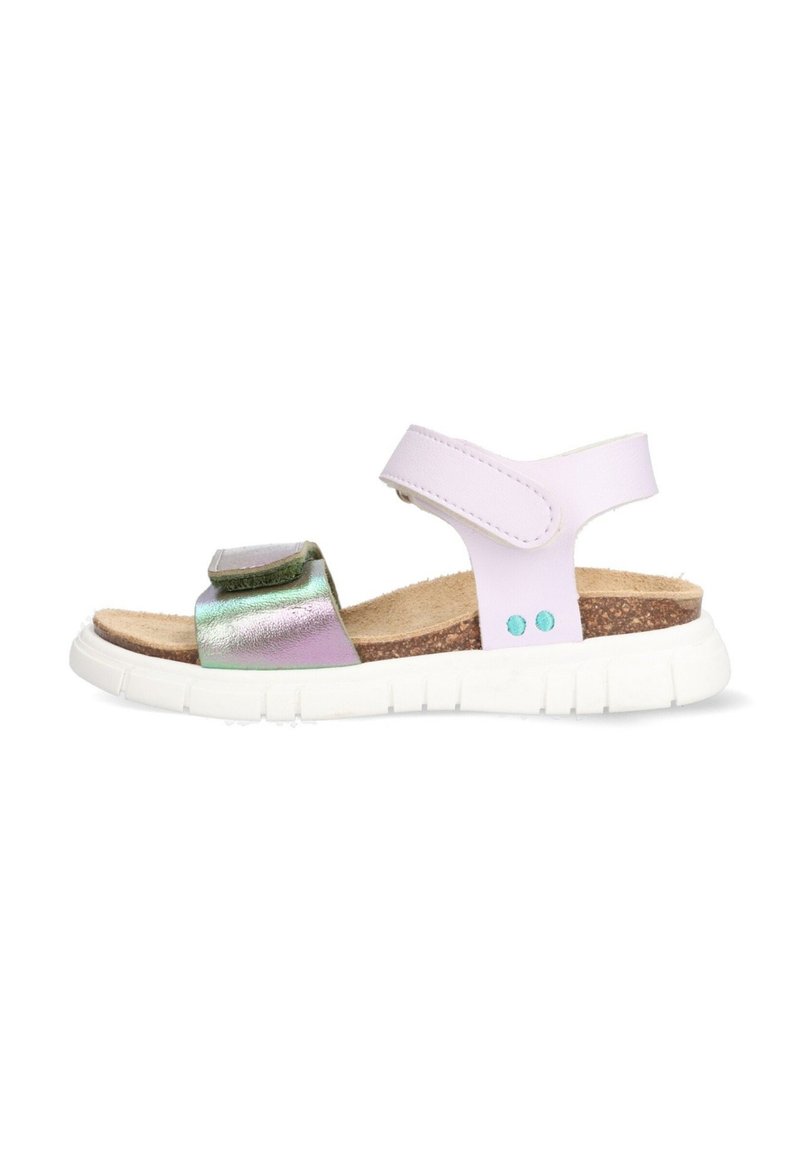 Růžové a iridescentní sandály s korkovou stélkou, bílou flexibilní podrážkou a nastavitelným popruhem. Vyznačují se dvěma akcenty v barvě teal.