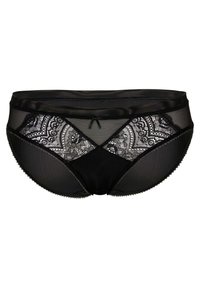 Mutande nere con un pannello anteriore in pizzo con motivi intricati, lati trasparenti e bordi ondulati. Dettaglio a fiocco al centro davanti.