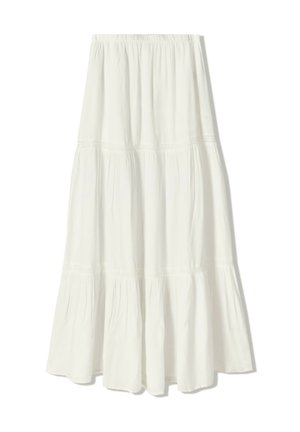 White maxi skirt with a tiered design, made of light fabric. Features an elastic waistband and delicate stitching accents.