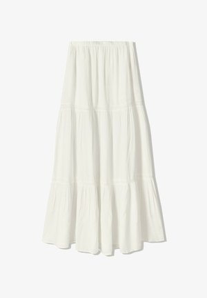 Fehér maxiszoknya, réteges kialakítással, könnyű anyagból készült. Rugalmas derékpántja és finom varrási részletei vannak.
