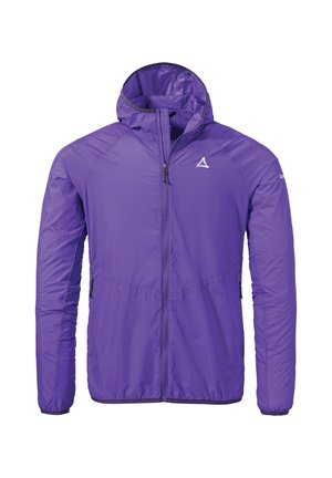 Lila isolierte Jacke mit Kapuze, frontalem Reißverschluss und zwei Seitentaschen. Glattes, leichtes Material mit taillierter Passform.