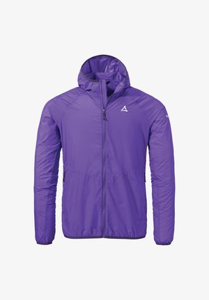 Lila isolierte Jacke mit Kapuze, frontalem Reißverschluss und zwei Seitentaschen. Glattes, leichtes Material mit taillierter Passform.