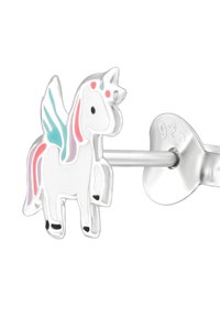 Orecchino a stecca in argento con design di un unicorno. L'unicorno ha un corpo bianco con accenti rosa e blu, e ali dettagliate.