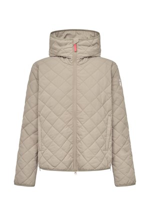 Beige quiltet jakke med lynlås foran og hætte. Har diagonal syning, sidelommer og et lille logo på ærmet.
