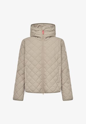 Beige quiltet jakke med lynlås foran og hætte. Har diagonal syning, sidelommer og et lille logo på ærmet.
