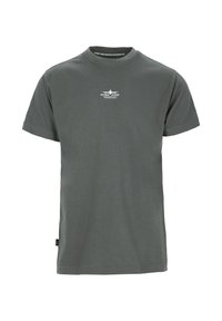 Grijze kortemouw t-shirt van zachte katoen, met een klein wit logo op de borst en een label aan de linkerkant.