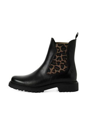 Bottines chelsea en cuir noir avec des panneaux élastiques à imprimé léopard, semelle en caoutchouc robuste et languette arrière pour un enfilage facile.