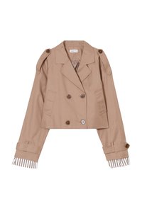 Veste beige à double boutonnage en coton avec des boutons marron. Présente des poignets rayés et des épaulettes pour le détail.