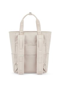 Jasnobeżowa torba materiałowa o trwałej konstrukcji, z dwoma uchwytami u góry i dwoma regulowanymi paskami na ramię. Prosty, schludny design z tylnymi kieszeniami.