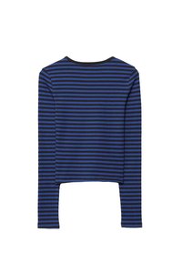 Top cropped a maniche lunghe con righe blu scuro e nere, con scollo tondo e tessuto di cotone morbido ed elastico.