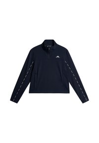 Giacca pullover blu navy realizzata in tessuto morbido, con colletto a mezza zip, tasche laterali e dettagli bianchi lungo le maniche.