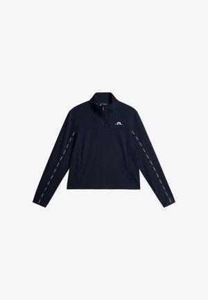 Marineblauer Pullover-Jacke aus weichem Stoff, mit einem Halbreißverschluss-Kragen, seitlichen Taschen und weißen Akzenten entlang der Ärmel.