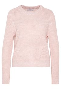 Hellrosa gestrickter Pullover mit rundem Halsausschnitt, langen Ärmeln und einem strukturierten Muster. Das Material wirkt weich und atmungsaktiv.