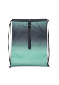 Kordelzug-Rucksack in einem Farbverlauf von Dunkelgrau zu Türkis. Hergestellt aus leichtem Stoff mit einem schwarzen Riemen und einem Schnallenverschluss. Glatte Textur.