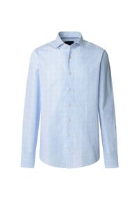 Camisa de manga larga a cuadros en azul claro con cuello de botón, que presenta un pequeño patrón de cuadros y botones claros en la parte delantera.