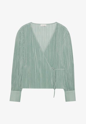 Helle grüne Wickelbluse aus plissiertem Stoff mit V-Ausschnitt, langen Ärmeln und einem Bindeband an der Taille. Verfügt über einen glatten Manschettenabschluss.
