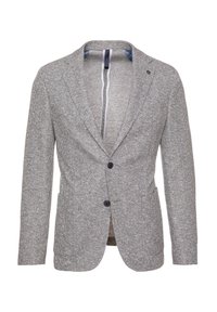 Grau-weißer strukturierter Herrenblazer mit zwei Knöpfen, Reverskragen und Taschen auf der Vorderseite, vor einem weißen Hintergrund präsentiert.