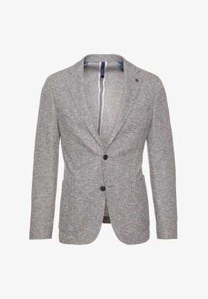 Gray and white textured men's blazer with two buttons, notch lapels, and front pockets, displayed against white background.