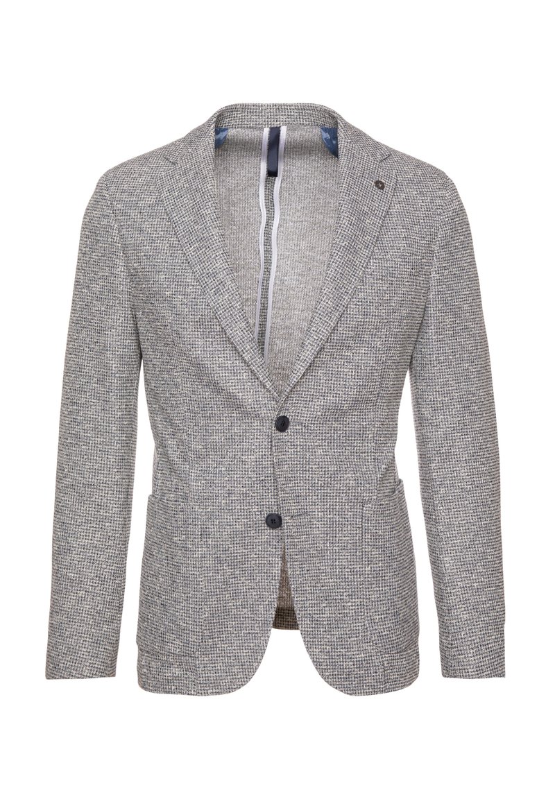 Grau-weißer strukturierter Herrenblazer mit zwei Knöpfen, Reverskragen und Taschen auf der Vorderseite, vor einem weißen Hintergrund präsentiert.