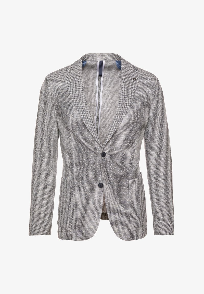 Grau-weißer strukturierter Herrenblazer mit zwei Knöpfen, Reverskragen und Taschen auf der Vorderseite, vor einem weißen Hintergrund präsentiert.