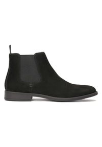 Bocanci Chelsea din suede negru, cu panouri elastice laterale, toc mic și tab de prindere în spate. Textură netedă și design aerodinamic.