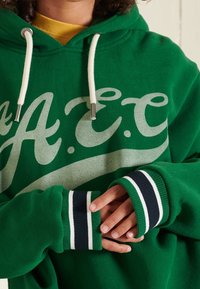 Zelená mikina s kapucí se šedým grafickým textem "A.E.C." na přední straně. Obsahuje krémové šňůrky a žebrované manžety s námořnickými a bílými pruhy. Měkká struktura látky.