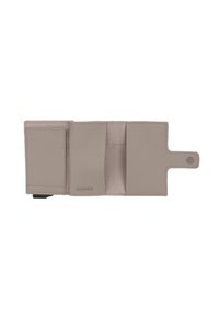 Beige kožená peněženka s více přihrádkami, hladkým povrchem a uzávěrem na patentku. Na boku má vystouplé logo značky.