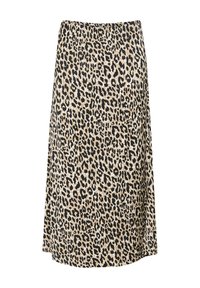 Leopardenmuster-Rock mit einem beigen und schwarzen Muster, ausgestelltem Design, weichem Stoff und elastischem Bund.