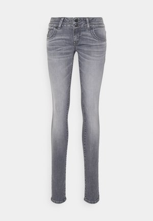 Slim fit grå udvaskede denimjeans med forlommer, bæltestropper, lynlås og dobbelt knaplukning.