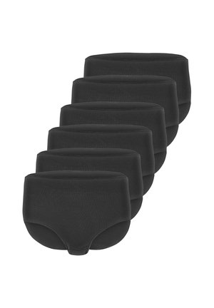 Sechs schwarze Slips mit hohem Bund in Brief-Stil, nebeneinander auf einem weißen Hintergrund angeordnet.