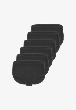 Sechs schwarze Slips mit hohem Bund in Brief-Stil, nebeneinander auf einem weißen Hintergrund angeordnet.