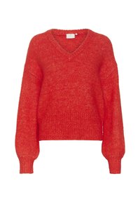 Maglione rosso lavorato a maglia con scollo a V, spalle abbassate e polsini a coste. Il materiale sembra morbido con una finitura leggermente texturizzata. Design corto.