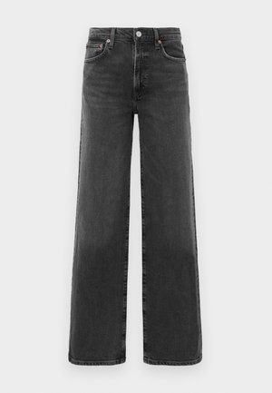 Jean en denim noir taille haute, coupe droite, avec bouton et fermeture éclair à l'avant, deux poches avant et deux poches arrière.
