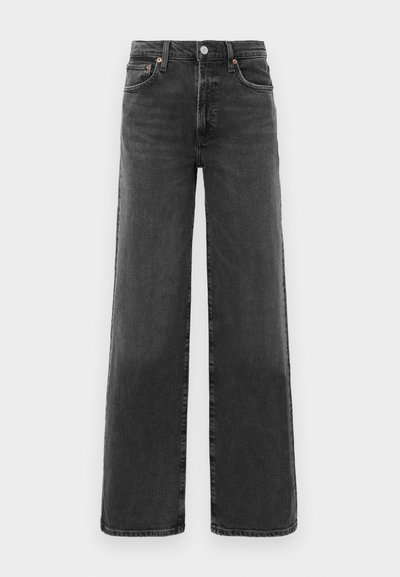 Zwarte high-waist straight leg denim jeans met een voorste knoop en ritssluiting, twee voorzakken en twee achterzakken.