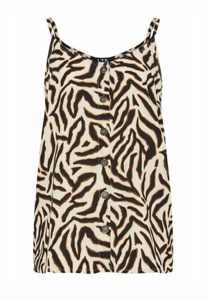 Mouwloos topje met knopen aan de voorkant, voorzien van zwarte en bruine abstracte zebraprint op een witte achtergrond, met dunne schouderbandjes.