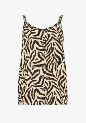Ærmeløs top med knapper foran, med sorte og brune abstrakte zebrastriber på hvid baggrund, med tynde skulderstropper.
